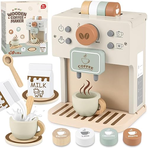Airlab Toy Coffee Maker for Kids Wooden Kitchen Accessories Pretend Play Toddler Coffee Playset for Girls Boys Ages 3 4 5 Years Birthday Gifts - Coffee Maker Toy