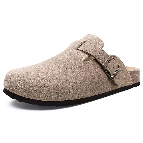 ODOLY Genuine Suede Clogs for Women Men Soft Cork Footbed Leather Mules Comfort Potato Shoes with Arch Support - 7.5-8 Women/6-6.5 Men - Taupe