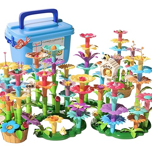 TEMI 138 PCS Flower Garden Building Toys for Girls Toys, Educational STEM Toy and Preschool Garden Play Set for Toddlers 3 4 5 6 7 8 Year Old Kids Boys Girls, Flower Stacking Toys for Kids Age 3-6 - 138PCS