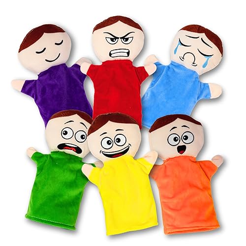 4E's Novelty Feeling Hand Puppets for Kids with 6 Emotions, with Moveable Arms, Soft Plush Hand Puppets for Toddlers, Early Education Toys, Social Emotional Learning Activities - Pack of 6
