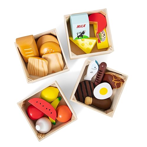 Melissa & Doug Food Groups - 21 Wooden Pieces and 4 Crates, Multi Play Food Sets For Kids Kitchen, Pretend Toy For Toddlers And Kids Ages 3+