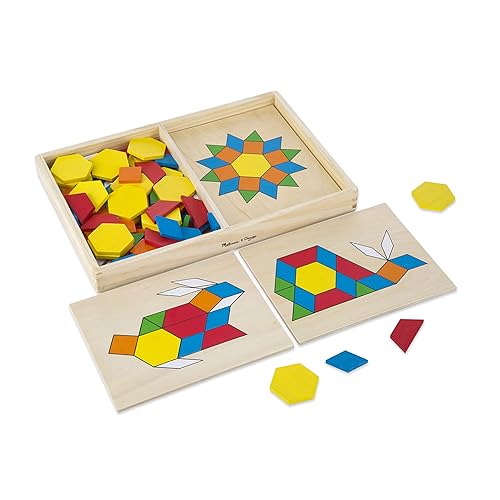 Melissa & Doug Pattern Blocks and Boards - Wooden Classic Toy With 120 Solid Wood Shapes and 5 Double-Sided Panels, Multi-colored - STEAM Animals, Tangrams Puzzle For Kids Ages 3+ - Standard - Classic Toy