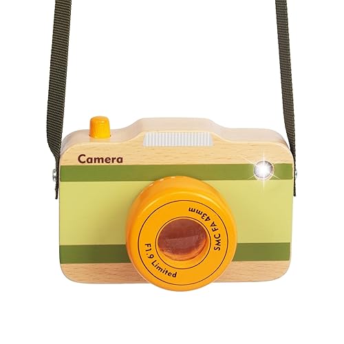 Wooden Mini Pretend Camera Toy with Real Sounds and Light for Toddlers 1 2 3 Years Old, Neck Hanging Photographed Props for Boys Girls Children Kids