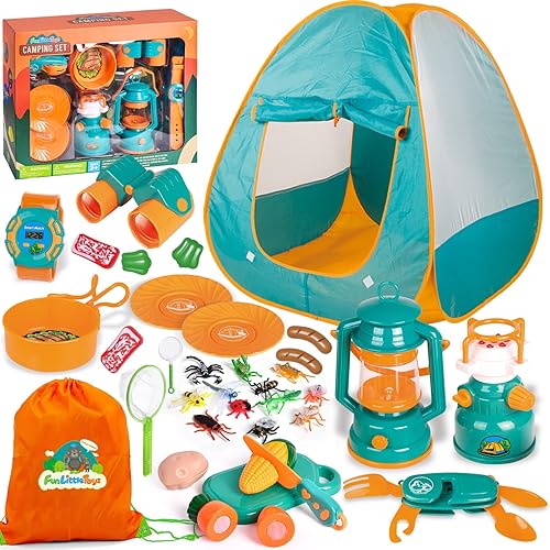FUN LITTLE TOYS Kids Camping Set with Pop Up Play Tent Camping Toys with Battery Lantern and Drawstring Bag Indoor Outdoor Pretend Play, Christmas Birthday Gifts for Boys - Green