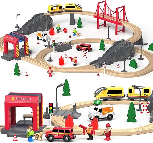 Giant bean 72PCS Fire Station Wooden Train Tracks & Train Set, Gift Packed Toy Railway Kits for Kids, Toddler Boys and Girls 3,4,5 Years Old and Up, Christmas Birthday Gift Toy for Kids - Fire Station Train Set
