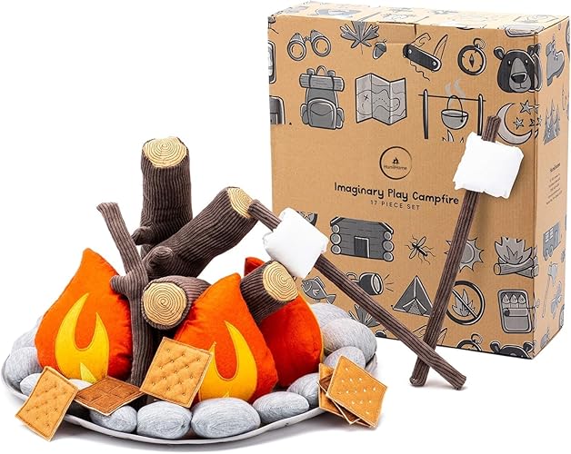 HUNIIHOME Pretend Campfire for Kids - Sensory Play Camping Toy Set with Plush Fire, Logs and Stones - 17 Piece Camping Playset - Safe, Soft, Fake Campfire for Kids - Felt Campfire Playset for Kids