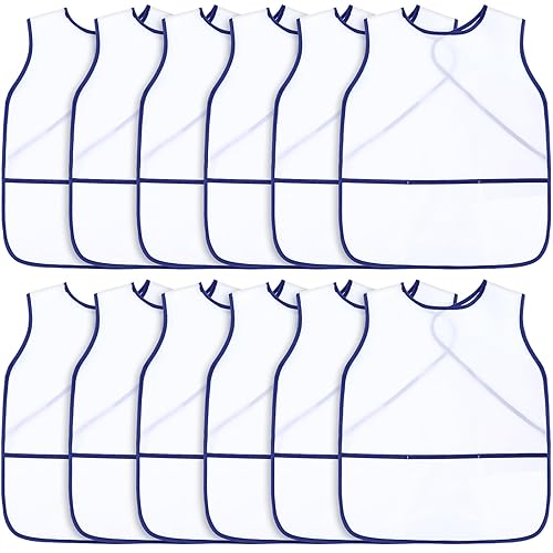 Juinipe 12 Pcs Art Smock for Kids Waterproof Painting Aprons Sleeveless Children with Pockets Age 3 to 8 Paint Craft Activity - White