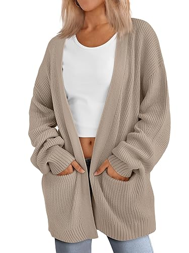 LILLUSORY Womens Oversized Cardigans Soft Knit Cardigan Sweater with Pockets - Tan - Small