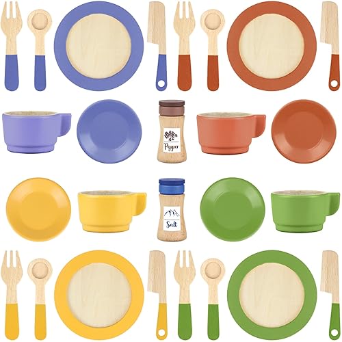 Wooden Play Dishes and Plates for Kids Kitchen Set Accessories for Toddlers 1-3 Cooking Toys Tea Cups for Kids Kitchen Birthday Gift for 3 4 5 Year Old Boys Girls - Dishes and Plates Playset