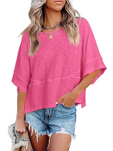 Sovelen Women's Summer Casual Crewneck Batwing Half Sleeve T-Shirts Solid Color Loose Fit Cute Basic Flowy Tops Tees Blouses - Small - Rose Red