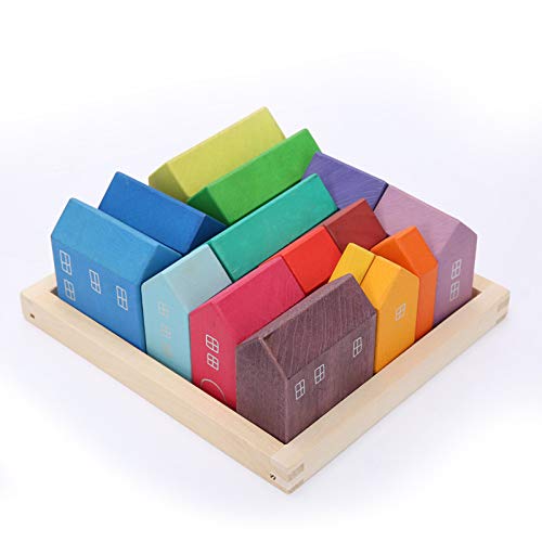 moderngenic 'Little Houses' Rainbow Large 15 Piece Rainbow Blocks, Wooden Toys for Kids, Geometric Stacking Educational Building Block Set