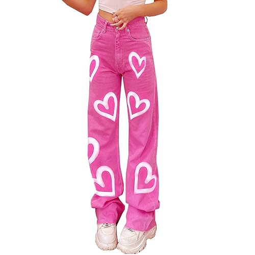 Women's High Waist Heart Print Wide Leg Loost Fit Vintage Boyfriend Jeans Teen Girls Streetwear Denim Pants - Small - Pink