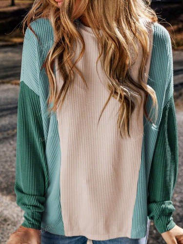 Acelitt Women's Casual Textured Color Block Dropped Shoulder Loose T-Shirt, Spring/Autumn