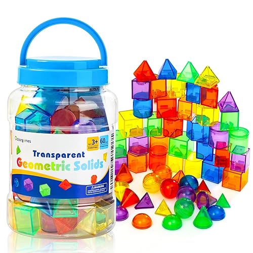 Odoorgames 60 Pieces 3D Shapes for Teaching - Geometric Solids for Kids,Light Table Manipulatives,Translucent Toy for Light Table