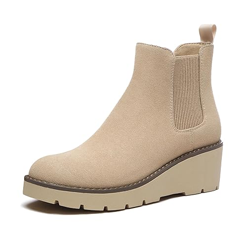 Athlefit Women's Chelsea Wedge Boots Elastic Platform Lug Sole Slip on Wedge Ankle Booties - 8 - Nude