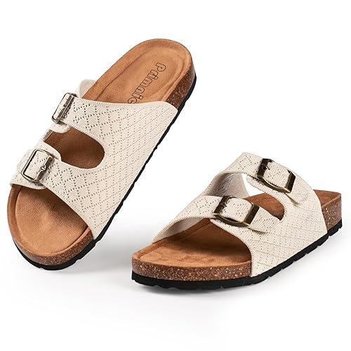 PRIMNICE Women's Comfy Arch Support Cork Footbed Adjustable Knitting Straps Indoor and Outdoor Slides Sandals - 8 - Beige