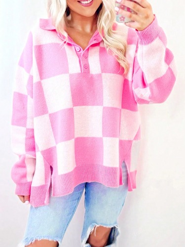 Acelitt Ladies' Autumn And Winter Pink Long Sleeved Half Open Button Lapel Checkerboard Square Slit Loose Valentine's Day Sweater