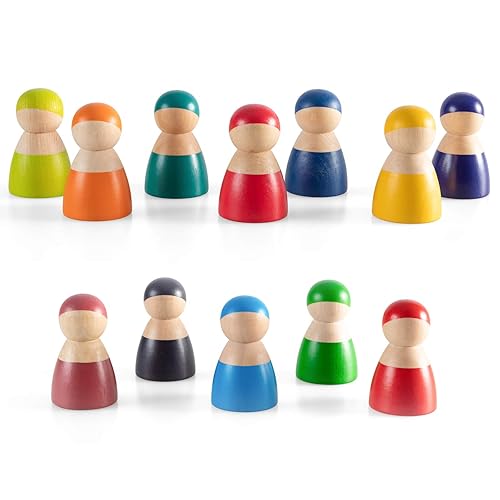 MERRYHEART Rainbow Peg Dolls for Toddlers, 12 PCS Wooden Peg People Toys, Wooden People Pretend Play with Rainbow Stacking Toy, Preschool Wood Rainbow Friend Educational Toys - Friends Peg Dolls