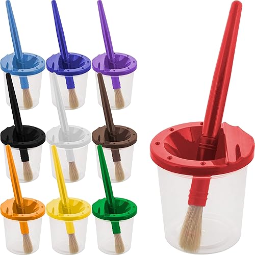 U.S. Art Supply 10 Piece Children's No Spill Paint Cups with Colored Lids and 10 Piece Large Round Brush Set with Plastic Handles - No Spill Cups