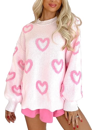 KMBANGI Women Heart Print Sweater Romantic Oversized Knitted Shirt Valentine Love Graphic Long Sleeve Pullover Top - Knitted Pink 11 - Small
