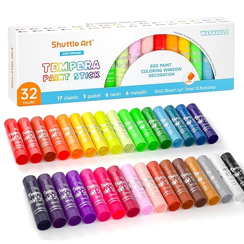 Shuttle Art Tempera Paint Sticks, 32 Colors Solid Tempera Paint for Kids, Super Quick Drying, No-Toxic, Works Great on Paper Wood Glass Ceramic Canvas - 32 Colors
