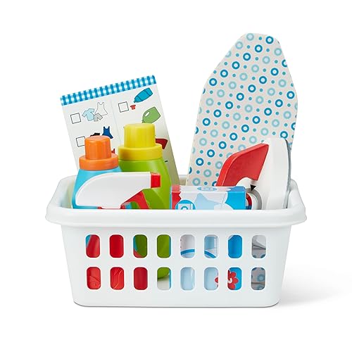 Melissa & Doug Laundry Basket Play Set With Wooden Iron, Ironing Board, and Accessories (14 Pcs) Pretend Play Laundry Set For Kids With Iron