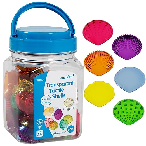 edxeducation-13841 Tactile Shells - Set of 72 - Translucent - 6 Textures and Colors - Ages 18m+ - Explore STEM concepts via Light Panels and Sensory Bins