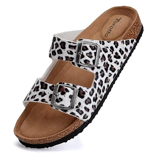 Torotto Womens Slides with Cork Footbed Open Toe Adjustable Webbing Flat Sandals for Walking | Beach | Indoor - 9 - Leopard Print/White