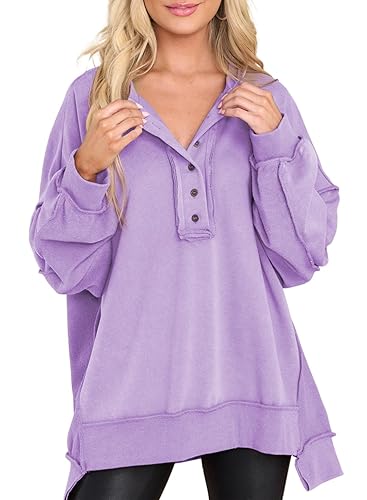 AlvaQ Women's Oversized Sweatshirt Casual Long Sleeve Button Henley Neck Pullover Tunic Tops Outfits - Small - Light Purple