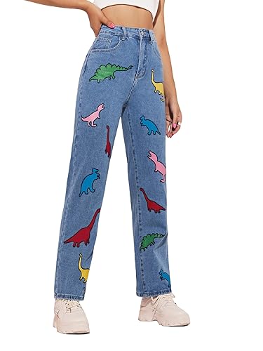 WDIRARA Women's Cow Print Ripped Jeans High Waisted Button Skinny Denim Pants - X-Small - Blue Dinosaur