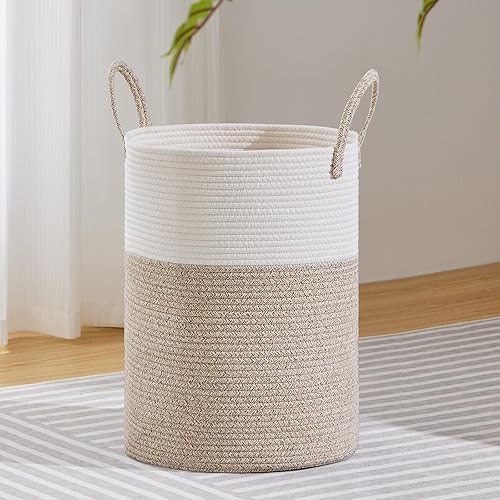 VIPOSCO Large Laundry Hamper, Tall Woven Rope Storage Basket for Blanket, Toys, Dirty Clothes in Living Room, Bathroom, Bedroom - 58L White & Brown - 58L - Brown