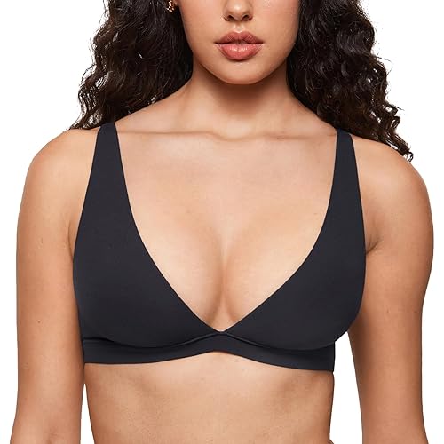 INLYRIC Women's Inbarely Soft Plunge Bralette - Deep V Unlined Triangle No Padding No Underwire Sexy Comfort Sleep Bra - Small - Black
