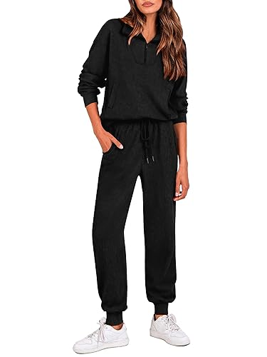 BTFBM Women's 2 Piece Tracksuit Fall Outfits 2025 Long Sleeve Half Zip Sweatshirt Sweatpants Lounge Set Sweatsuits - Solid Black - Small