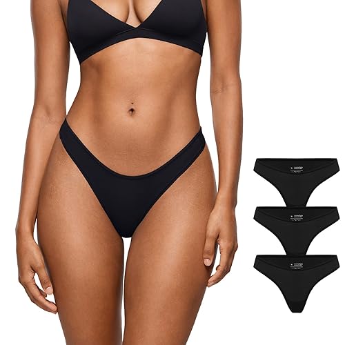 INLYRIC Women's Inbarely Soft Thong - No Show Sexy Panties Breathable V-waisted Ladies Underwear 3 Pack - X-Small - Black (3pack)