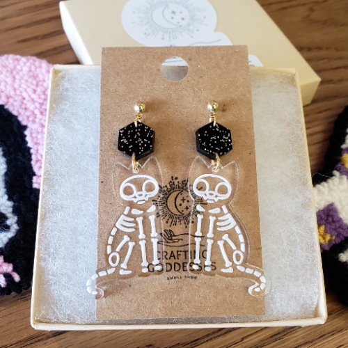 Acrylic Earrings - Halloween 'Skeleton Cat' - Hypoallergenic Posts | Default Title