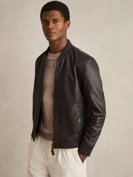 Brown Leather Bomber Jacket