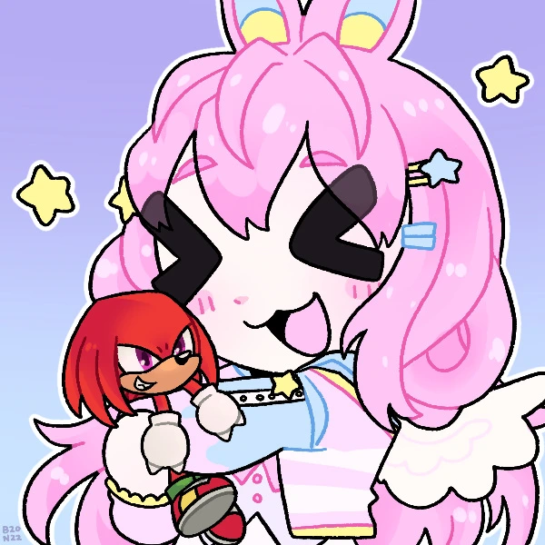  An illustration of a chibi cat girl with pink hair and cat ears, wearing a blue and white outfit, and surrounded by a heart-shaped frame with stars and a blue background; the image is related to the search query "Hiros Nugget auction".