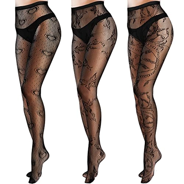 SATINIOR 3 Pairs Women's Fishnet High Waist Fishnet Patterned Tights Dark Fishnet Stockings Opaque Pantyhose for Women, Black