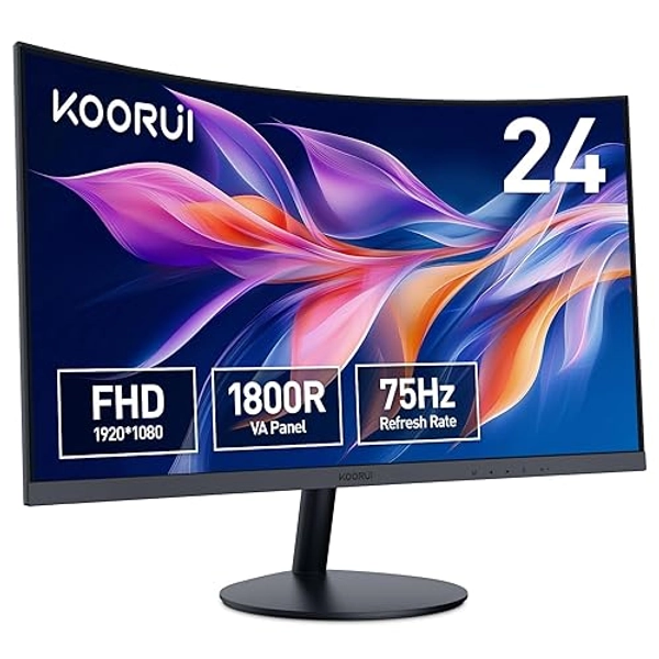 KOORUI Curved Monitor - 23.6 Zoll FHD Curved Computer Monitor, VA-Panel, 60Hz, Krümmung 1800R, Neigungsverstellung, Augenpflege, HDMI, VGA Gaming Monitor, Schwarz 24N5C