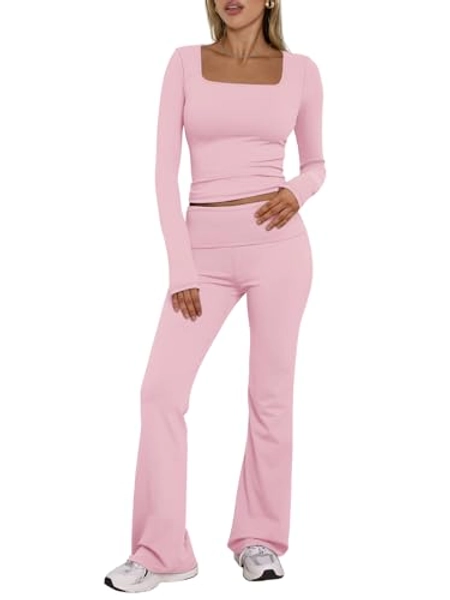 Trendy Queen Womens Two Piece Lounge Sets 2 Piece Fall Outfits Long Sleeve Square Neck Tops Flare Pants Tracksuits Clothes