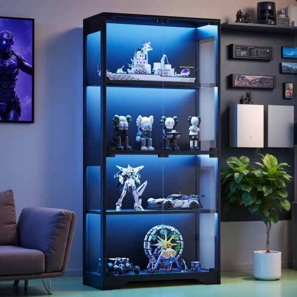 Display Cabinet with Glass Doors, 4-Tier Bookcase, Curio Cabinets with Color Lights for Collectibles, Storage Cabinet, Black
