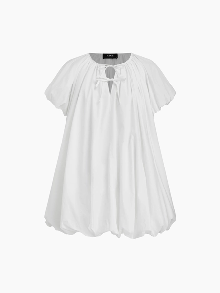 Cotton Tie Front Bow Bubble Hem Puff Sleeve Smock Mini Dress