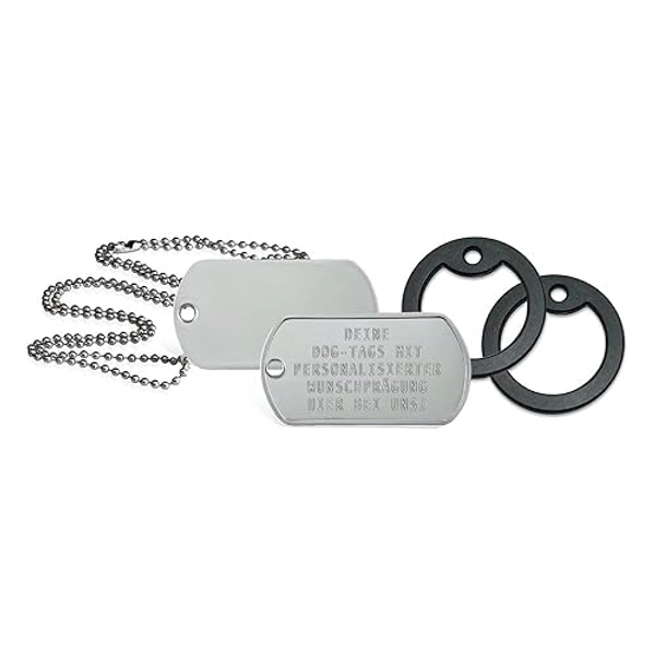 2 Stück personalisierte Erkennungsmarken | Dog Tag Kette mit Prägung | inklusive 2 Ketten & 2 Silencer im Set | diverse Texte und Motive möglich | Rambo | Militär Ausrüstung (Silberfarben matt)