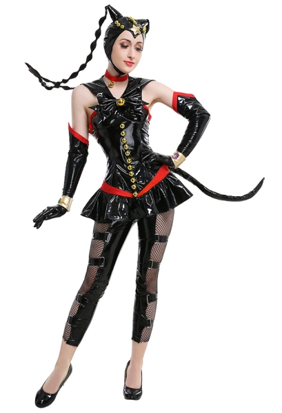 Sailor Moon Sailor Tin Nyanko Suzu Black Leather Dress Zentai Bodysuit Outfit Cosplay Costume with Headpiece and Net Pantyhose