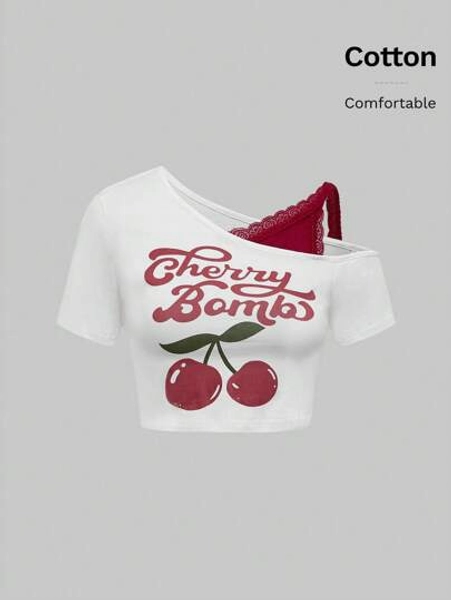 ROMWE Kawaii Women's Valentine's Day Oblique Shoulder 2 In 1 Lace Fabric Cherry Print Cute T-Shirt
