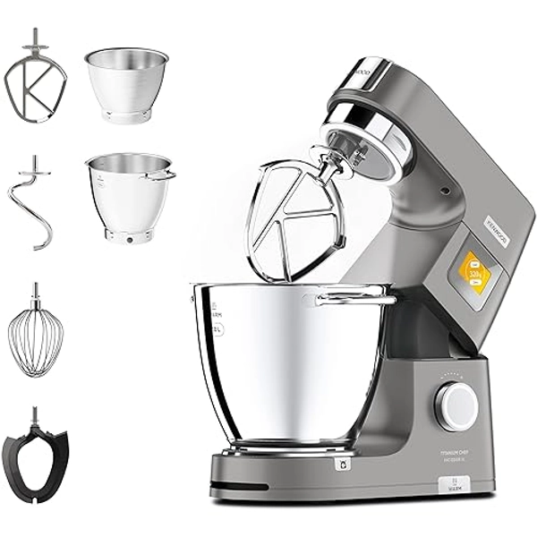 Kenwood Titanium Chef Patissier XL Stand Mixer for Baking- Powerful Food Mixer, With K-Beater, Dough Hook, Whisk, and 2 Bowls 5L and 7L, KWL90.004SI, 1400W, Silver