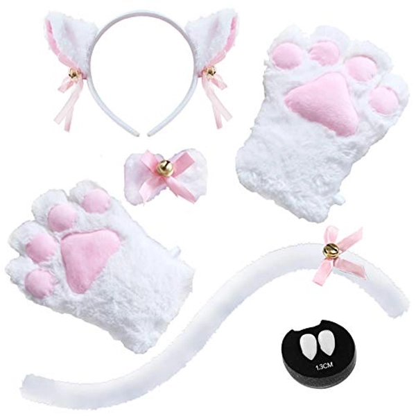 Abida Cat Cosplay Costume - 5 Pcs Cat Ear and Tail Set with Collar Paws Gloves and Vampire Teeth Fangs