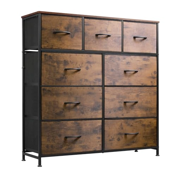 WLIVE 9-Drawer Dresser, Fabric Storage Tower for Bedroom, Hallway, Entryway, Closet, Tall Chest Organizer Unit with Fabric Bins, Steel Frame, Wood Top, Easy Pull Handle, Rustic Brown Wood Grain Print