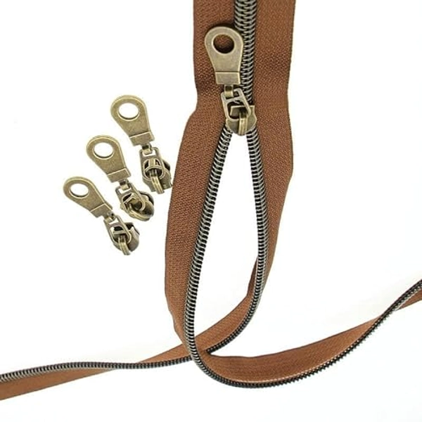 #5 Antique Brass Metallic Nylon Coil Zippers by The Yard Bulk Brown Zipper Tape 10 Yards with 25Pcs Pulls for DIY Sewing Craft Bags YIGUANXIN