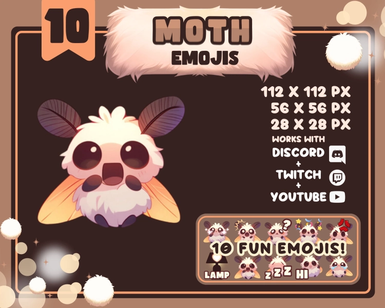Adorable Fuzzy Moth Emojis / Fun Set of 10 Moth Character Emotes / Great for Discord and Twitch / Lamp Meme / Cute Butterfly Bug / Cozy Chat